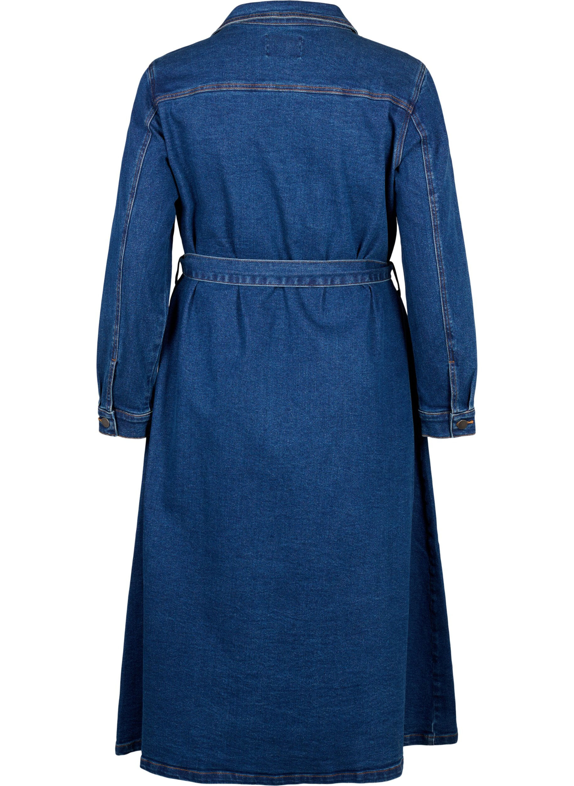 Zizzifashion Midi shirt dress in denim with belt, Dark Blue Denim, Packshot image number 1