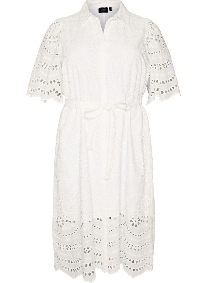 Shirt dress in broderie anglaise with a tie-belt, White, Packshot image number 0