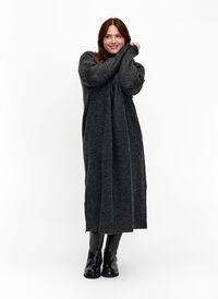 Long oversized knitted dress with slit, Dark Grey Melange, Model