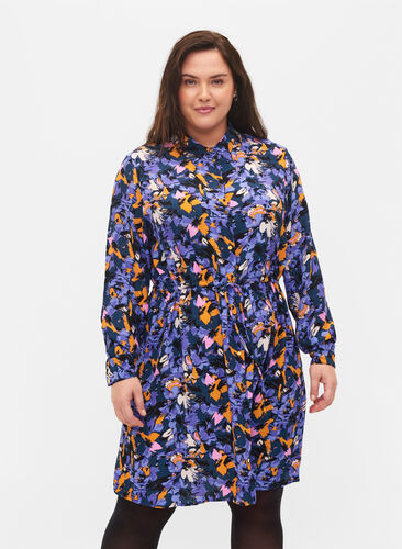 Floral shirt dress in viscose, Purple Flower AOP, Model image number 0