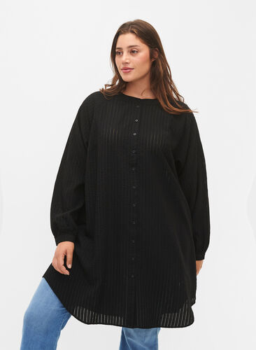 Long viscose shirt with striped pattern, Black, Model image number 0