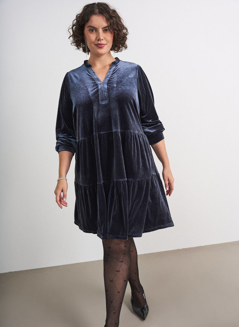 Short velour dress with a ruffle collar and long sleeves, Blue, Model image number 0