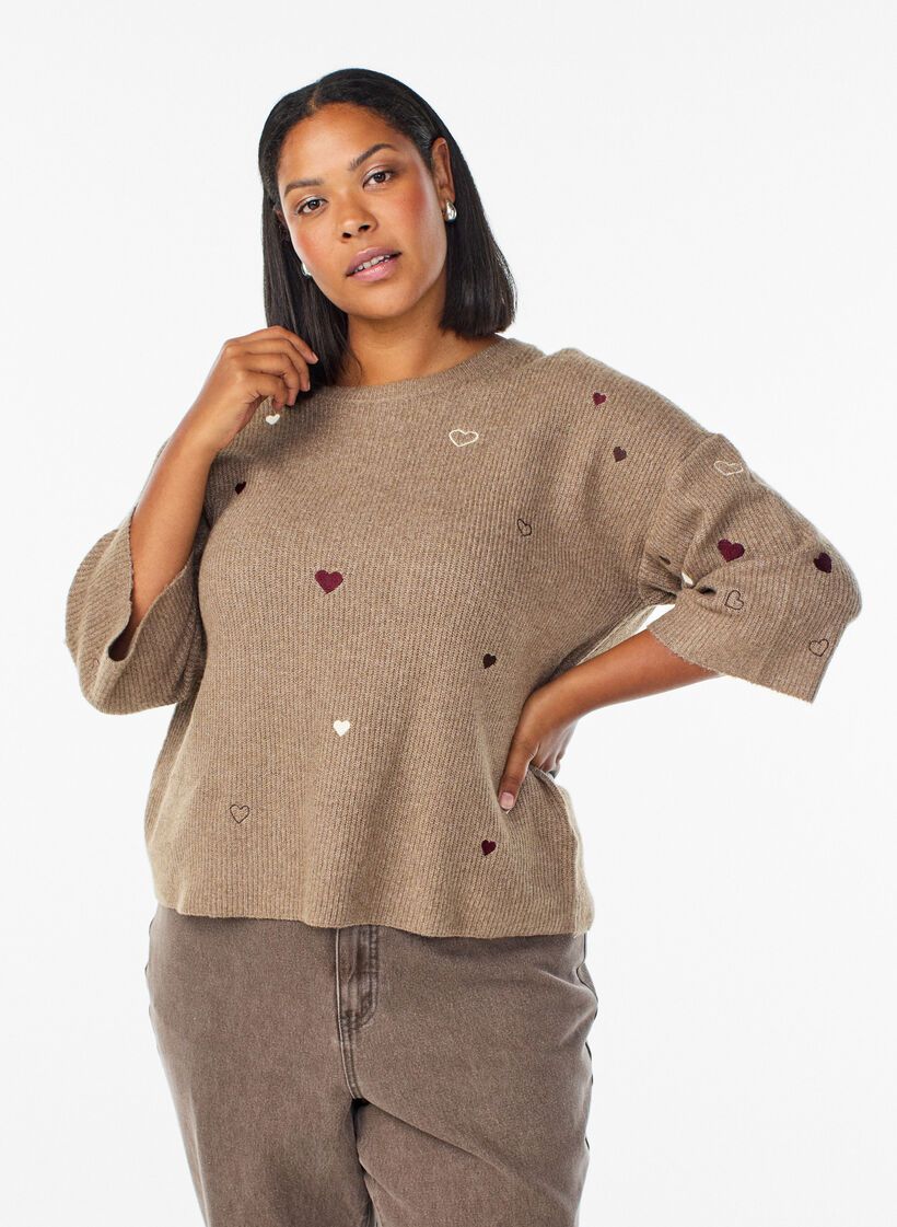 Jumper with hearts and 3/4 sleeves, Brown, Model image number 0