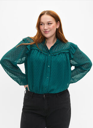 Shirt blouse with ruffles and dotted texture, Shaded Spruce, Model image number 0