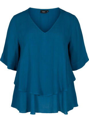 Viscose blouse with 2/4 sleeves and pleat, Moroccan Blue, Packshot image number 0