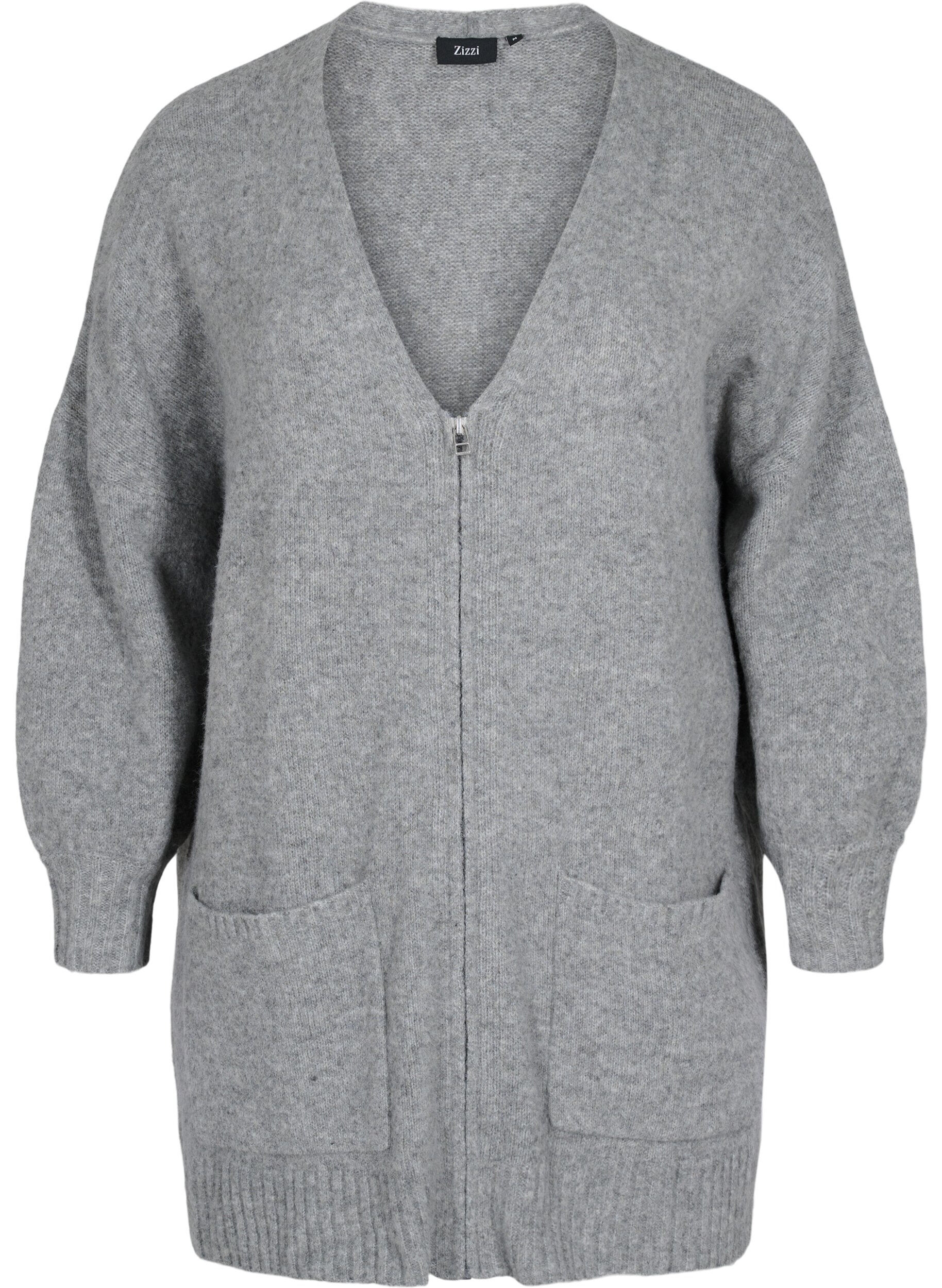 Zizzifashion Long knitted cardigan with zip and pockets, Medium Grey Melange, Packshot image number 0