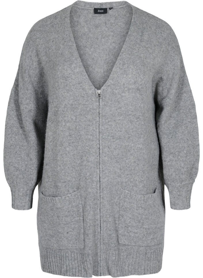 Long knitted cardigan with zip and pockets, Medium Grey Melange, Packshot image number 0