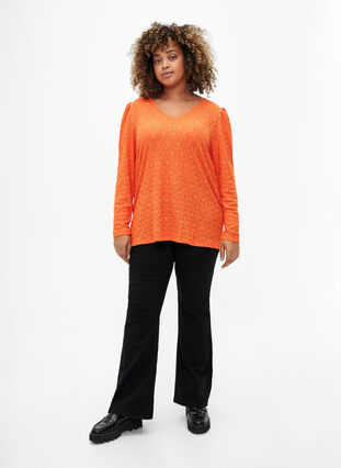 V-neck blouse with hole pattern, Carrot, Model image number 2