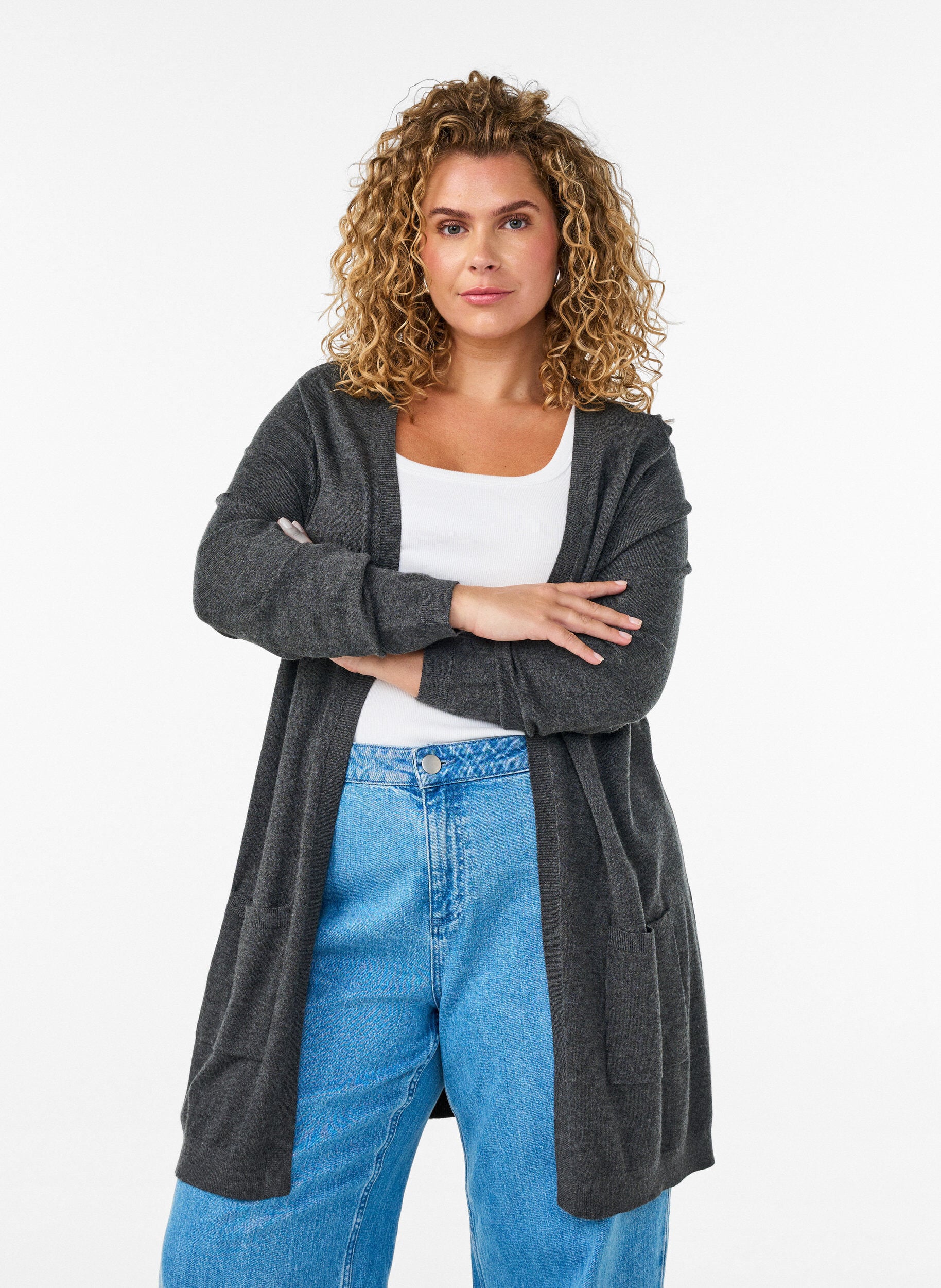 Long knitted cardigan in a viscose blend, Dark Grey, Model