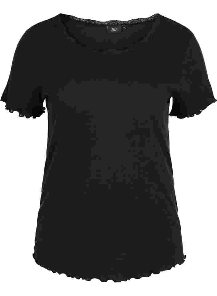 Short-sleeved night top in rib, Black, Packshot image number 0