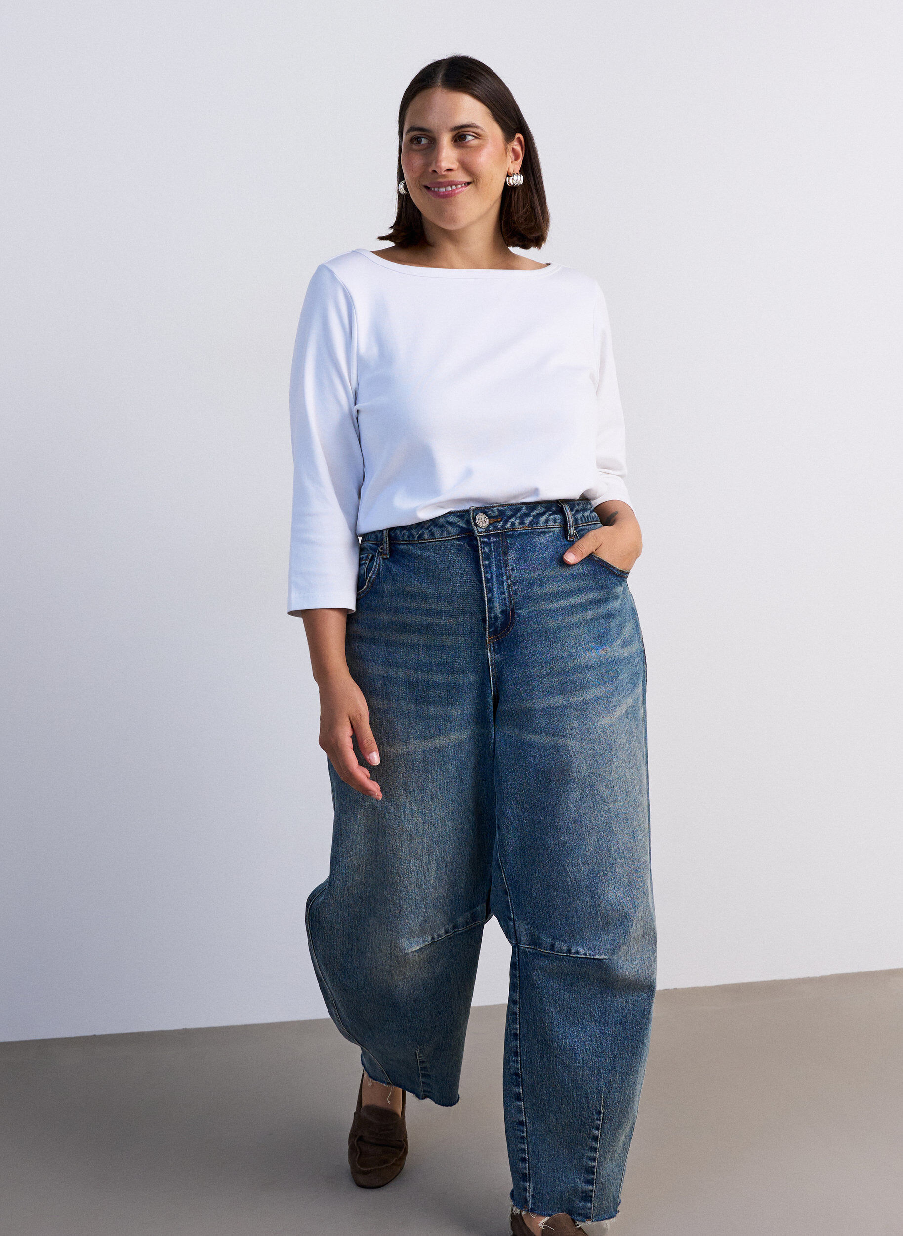 ZizzifashionBasic T-shirt with boat neckline and 3/4 sleeves, White, Model image number 3
