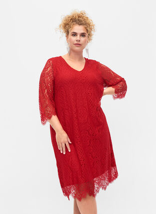 Lace Dress with 3/4 sleeves, Tango Red, Model image number 0