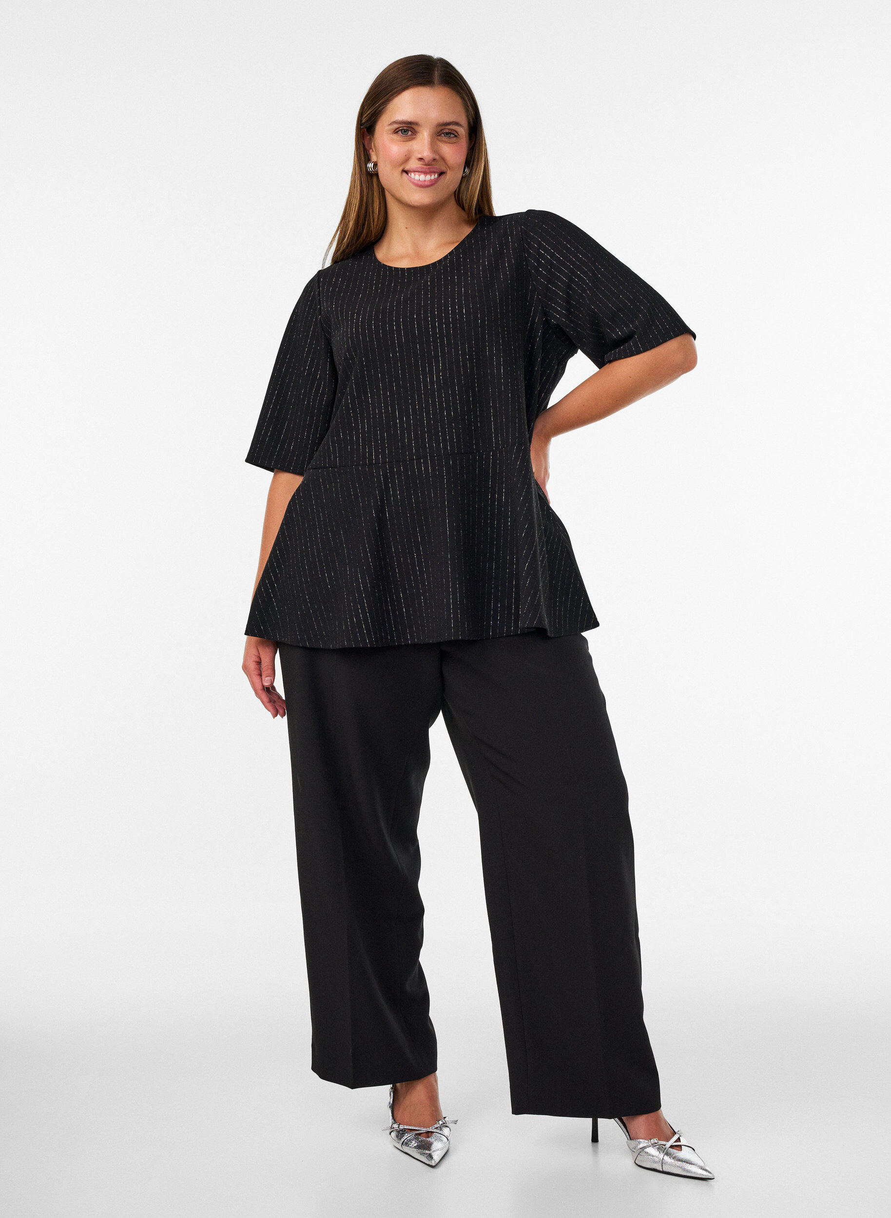 ZizzifashionPeplum blouse with glitter stripes, Black, Model image number 1