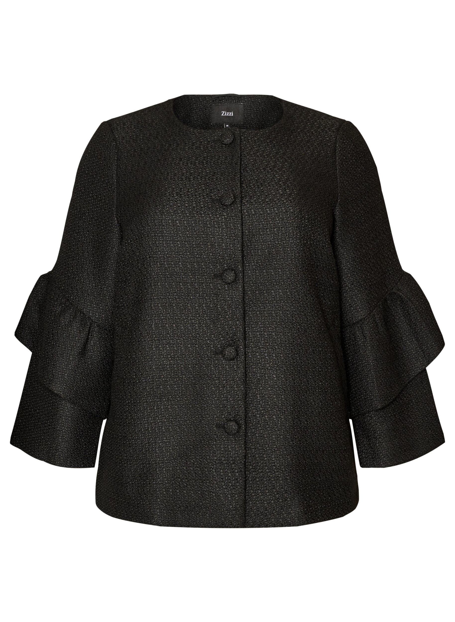 ZizzifashionBoucl&eacute; jacket with ruffle details, Black, Packshot image number 0