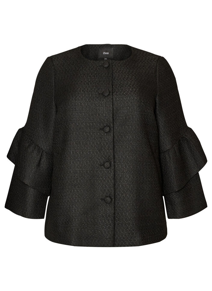 Boucl&eacute; jacket with ruffle details, Black, Packshot image number 0