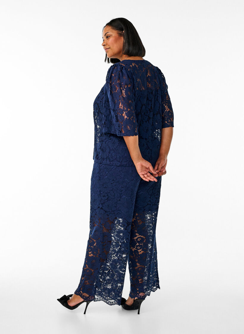 Lace trousers with a high waist and pockets, Blue, Model image number 1