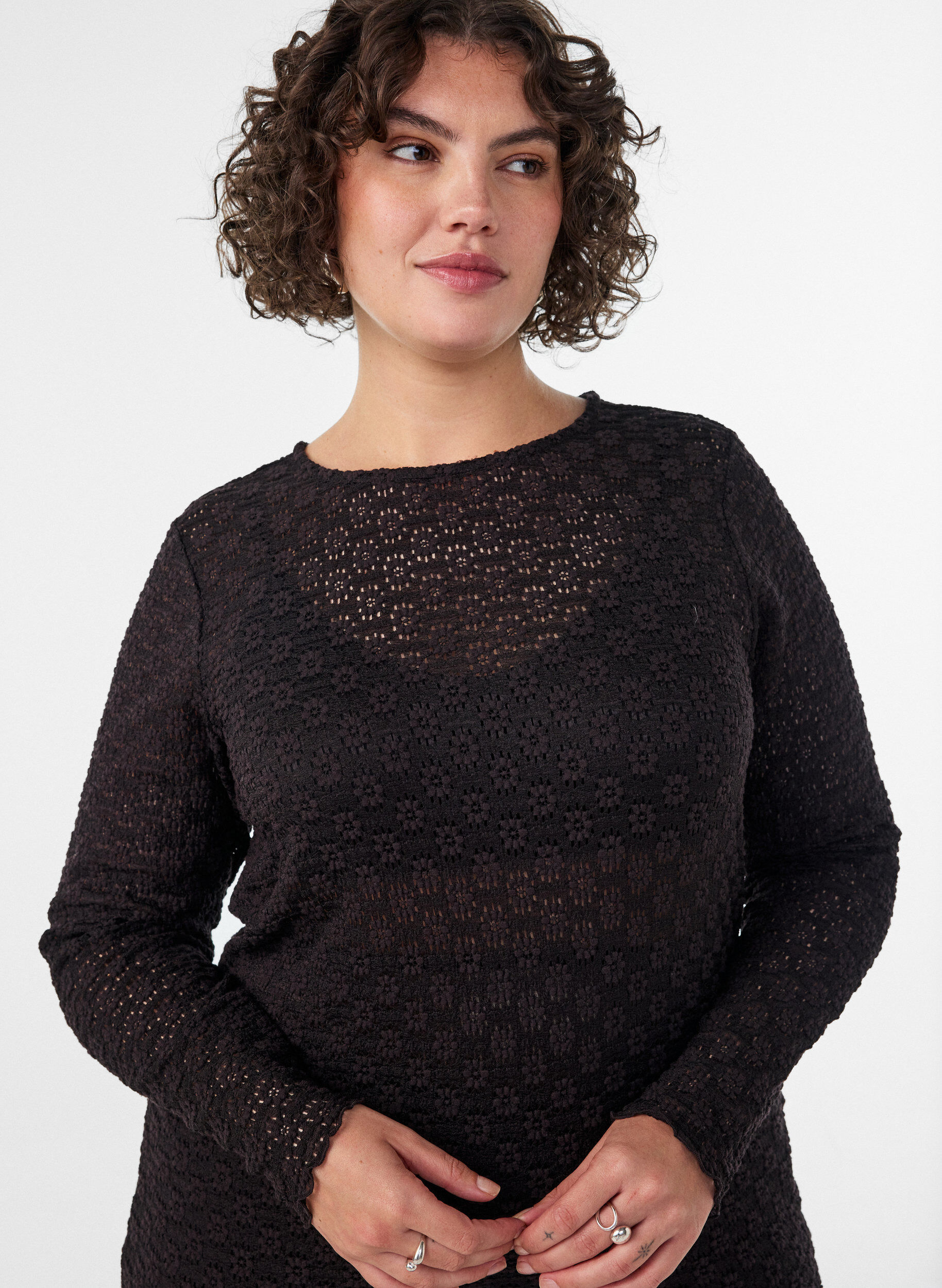 ZizzifashionBlouse with eyelet pattern and long sleeves, Black, Model image number 3
