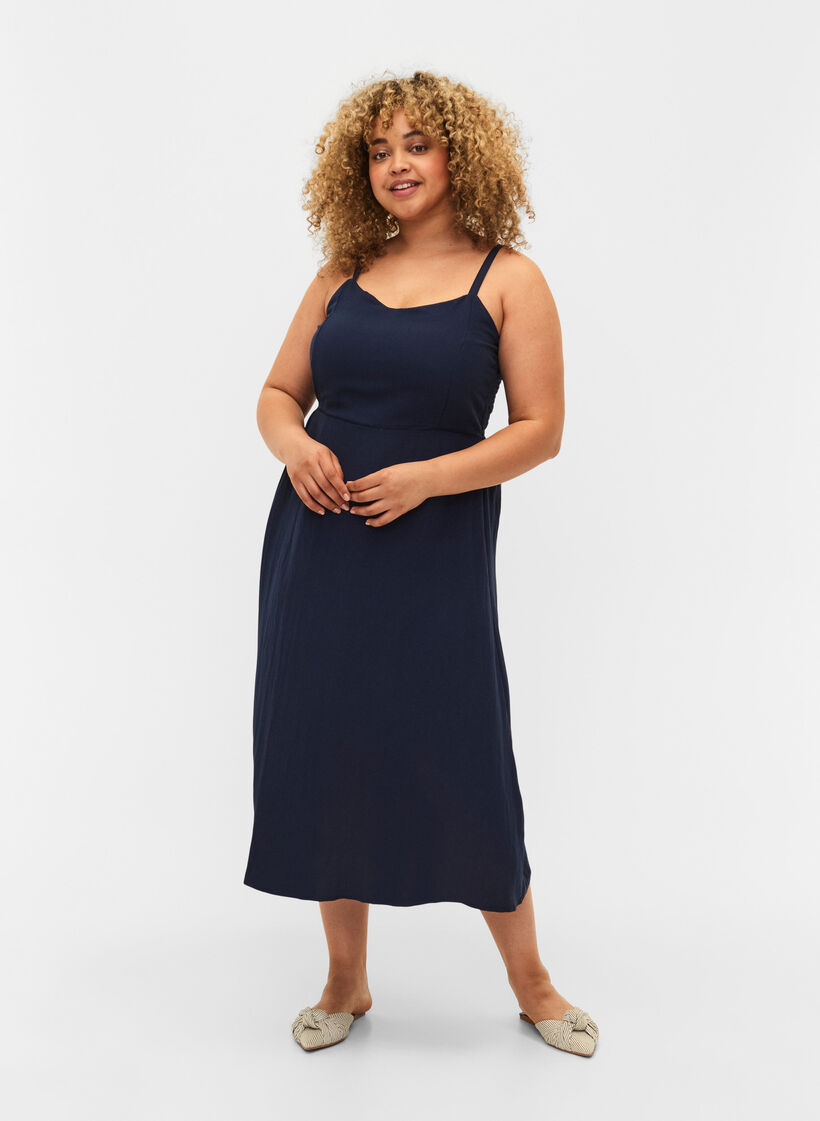 Plain coloured viscose strap dress with smock, Navy Blazer, Model image number 0