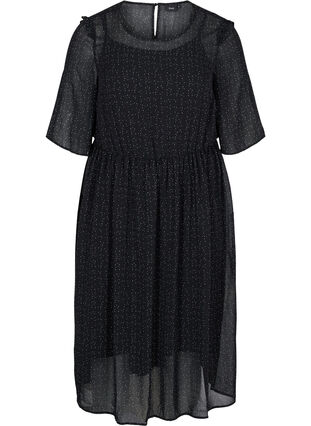Printed midi dress with 2/4-length sleeves and ruffled details, Black AOP, Packshot image number 0