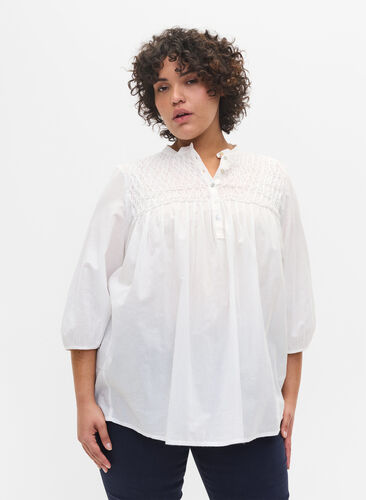 Cotton blouse with 3/4 sleeves and smock, Bright White, Model image number 0