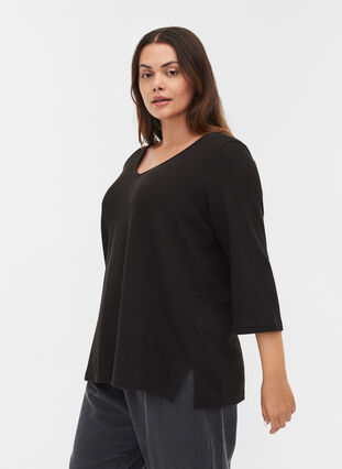 Cotton blouse with V-neck and 3/4 sleeves, Black, Model image number 0