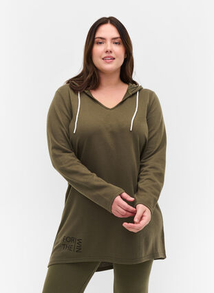 Long sweatshirt with v-neck and hood, Ivy Green, Model image number 0