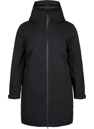 Long, hooded ski jacket with pockets, Black w/Black, Packshot image number 0