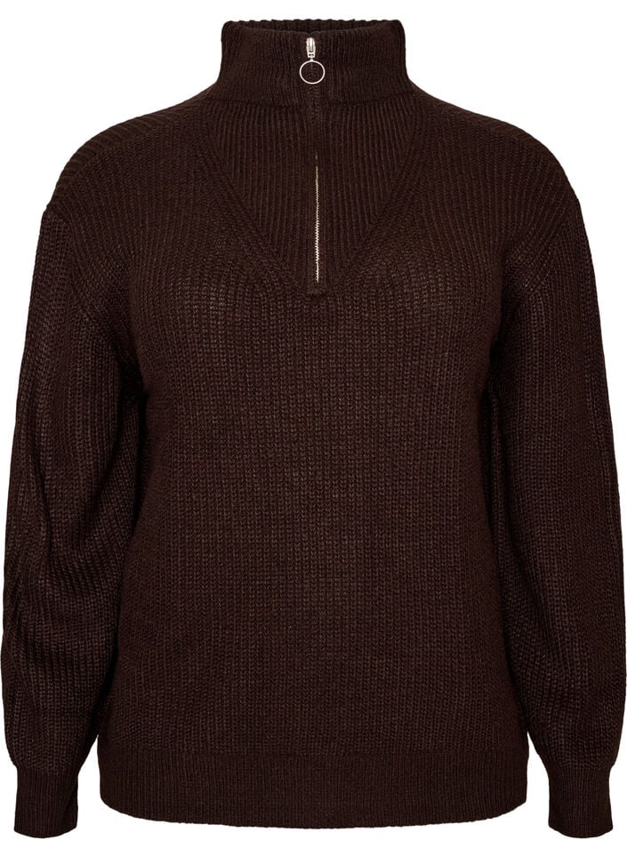 Knitted sweater with high neck and zipper, Brown, Packshot image number 0