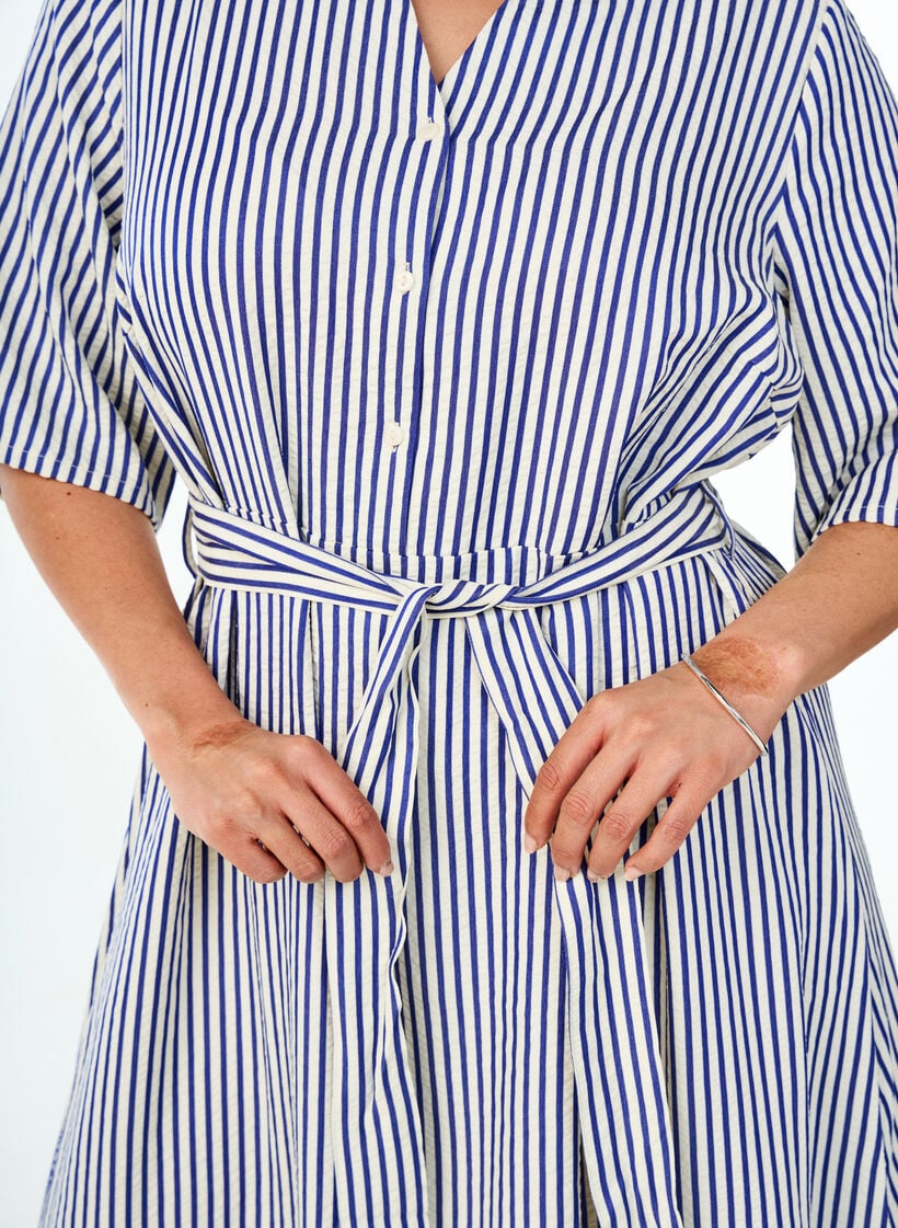 Ankle-length shirt dress with tie belt and stripes, Blue, Model image number 3