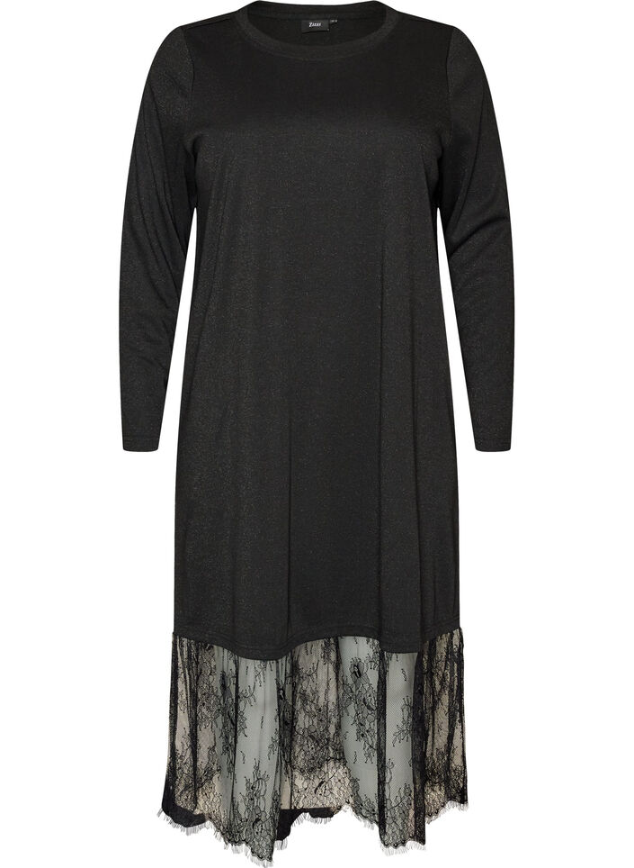 Jersey dress with glitter and lace trim, Black, Packshot image number 0