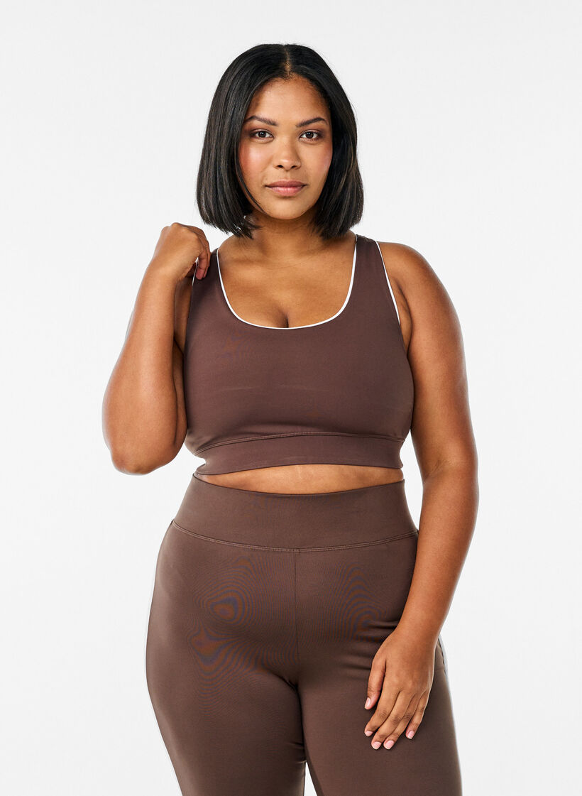 Racerback sports bra with contrast piping, Brown, Model image number 0