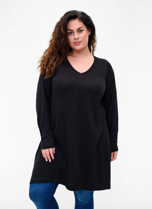 Knitted dress with v-neck in a cotton blend, Black, Model image number 0