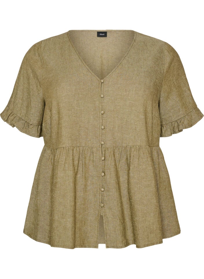 Blouse in linen and viscose with a V-neck and button fastening, Green, Packshot image number 0