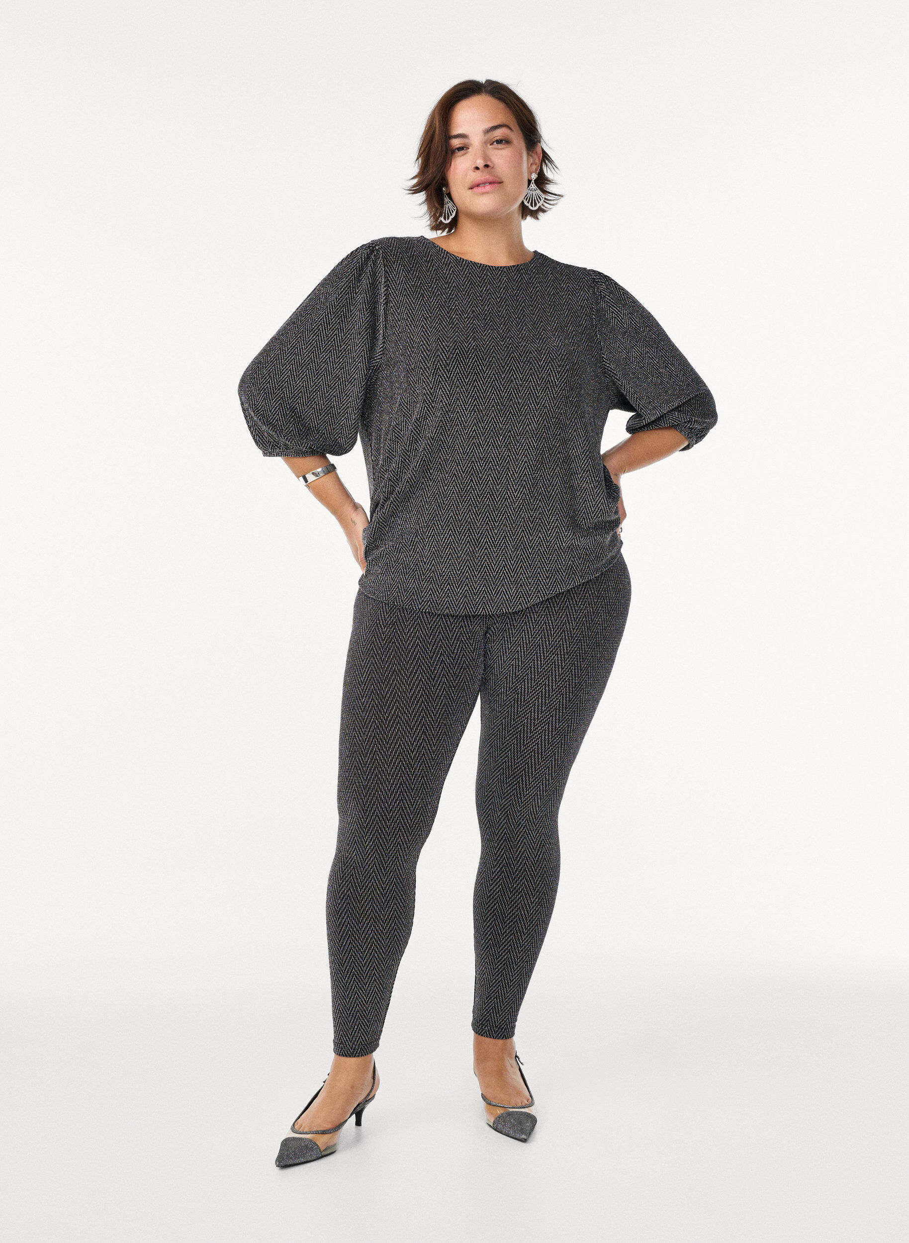 Zizzifashion Blouse with glitter pattern and 3/4 sleeves, Black, Model image number 1