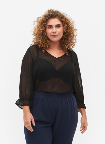 FLASH - Blouse with 3/4 sleeves and textured pattern, Black, Model image number 0