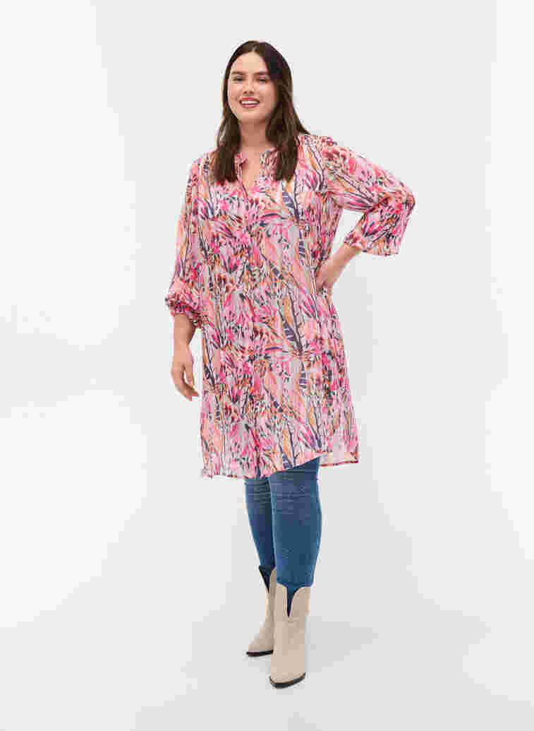 Tunic with floral print, v-neck and long sleeves, Pink Feather, Model image number 2