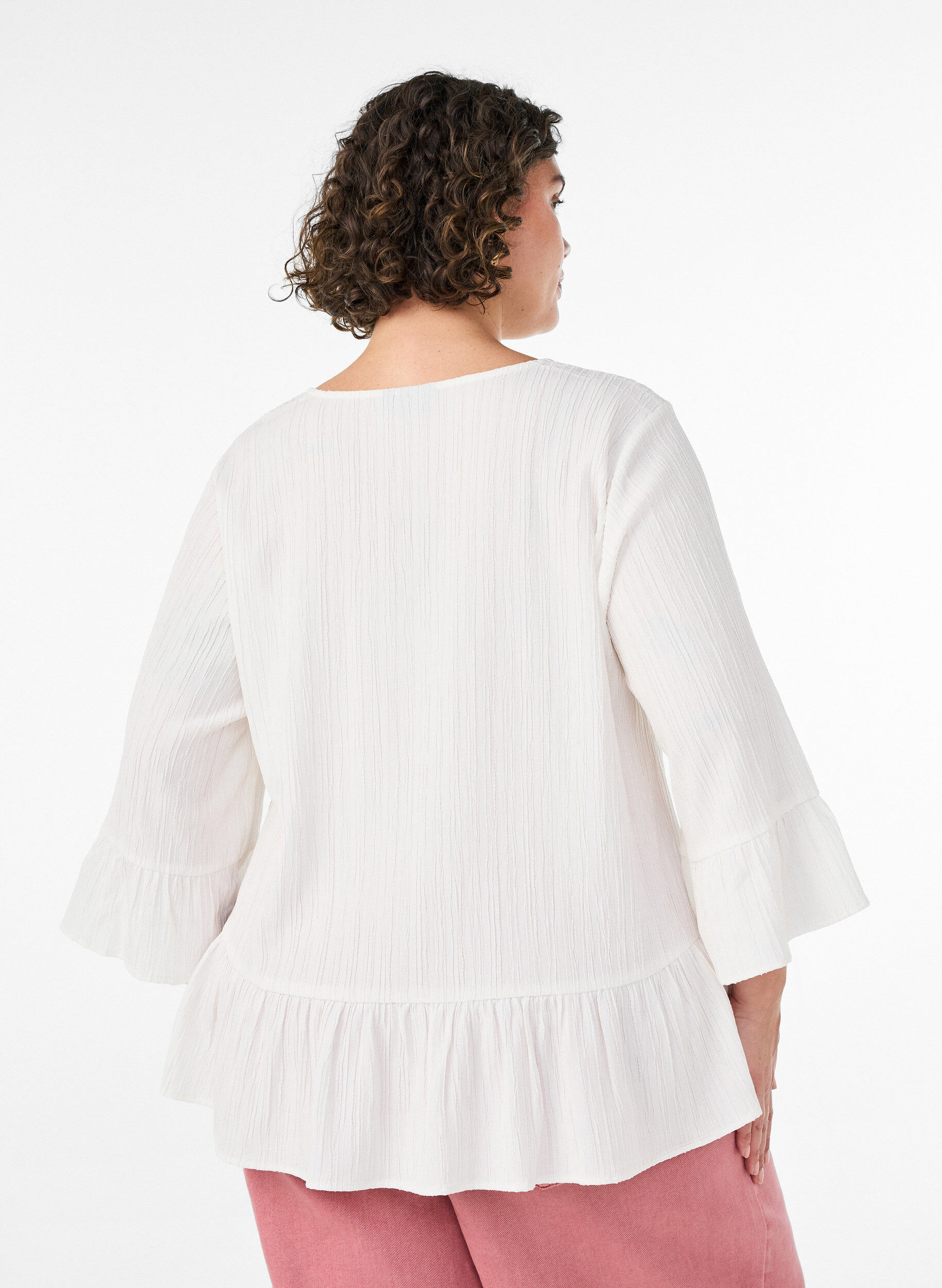 ZizzifashionBlouse with texture, V-neck and ruffles, Vanilla, Model image number 2