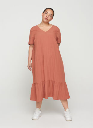 Short-sleeved viscose dress with v-neck, Copper Brown, Model image number 0