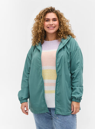 Short jacket with hood and adjustable bottom hem, Sagebrush Green, Model image number 0
