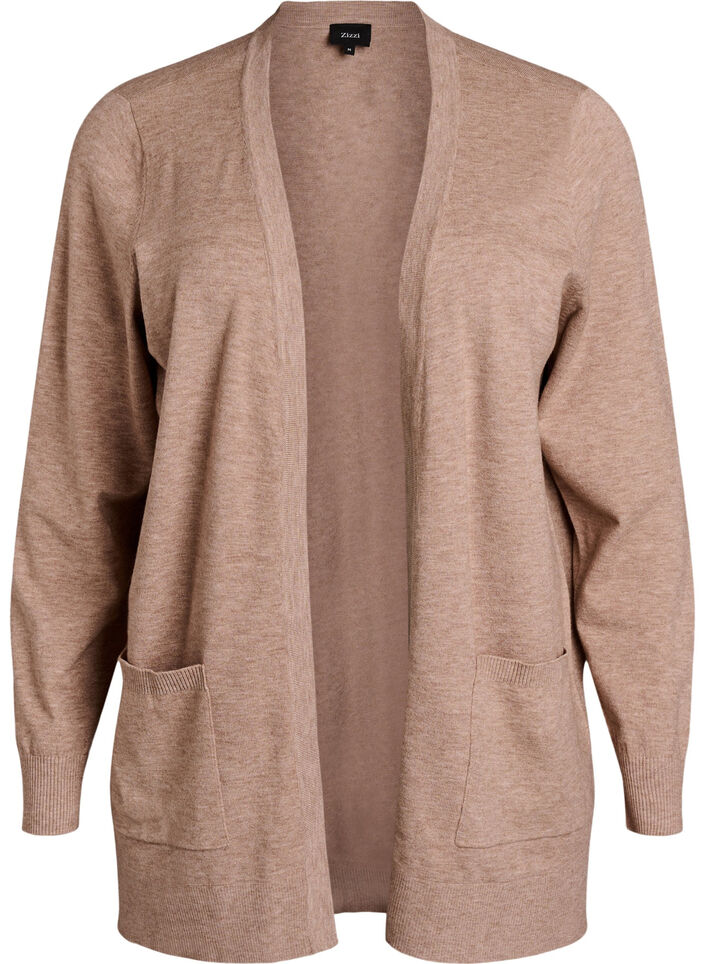 Long open-front knit cardigan with pockets, Beige, Packshot image number 0