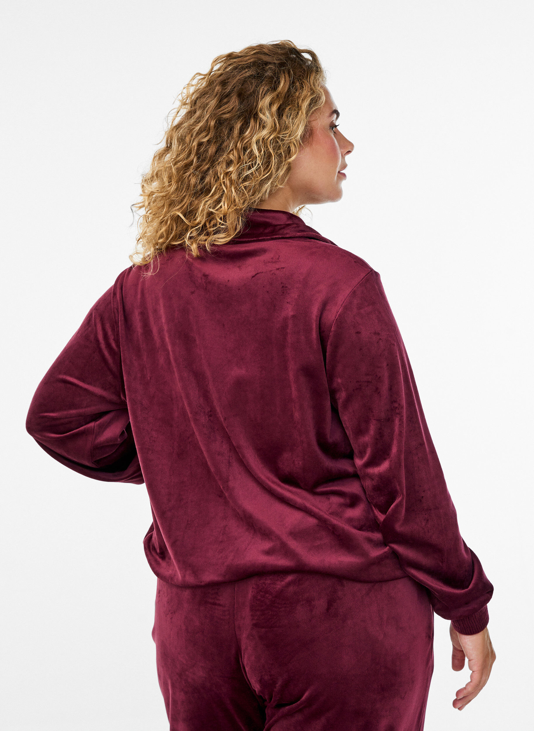 ZizzifashionVelour cardigan with zipper and high collar, Dark Bordeaux, Model image number 2