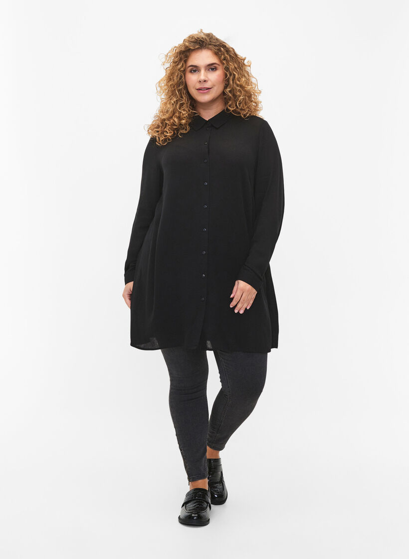 Long viscose shirt with long sleeves, Black, Model image number 1