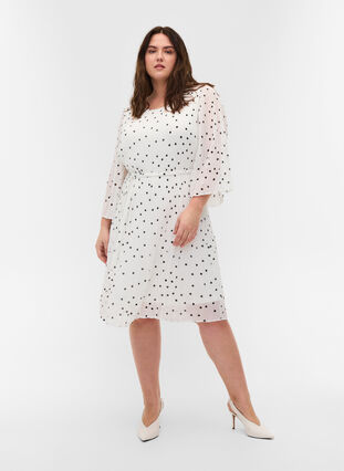 Printed pleated dress with tie string, Bright White w. Dots, Model image number 0