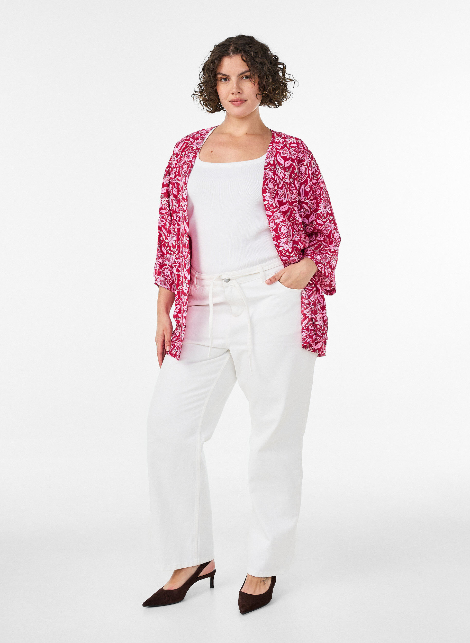 ZizzifashionShort viscose kimono with 3/4 sleeves, Pink, Model image number 1