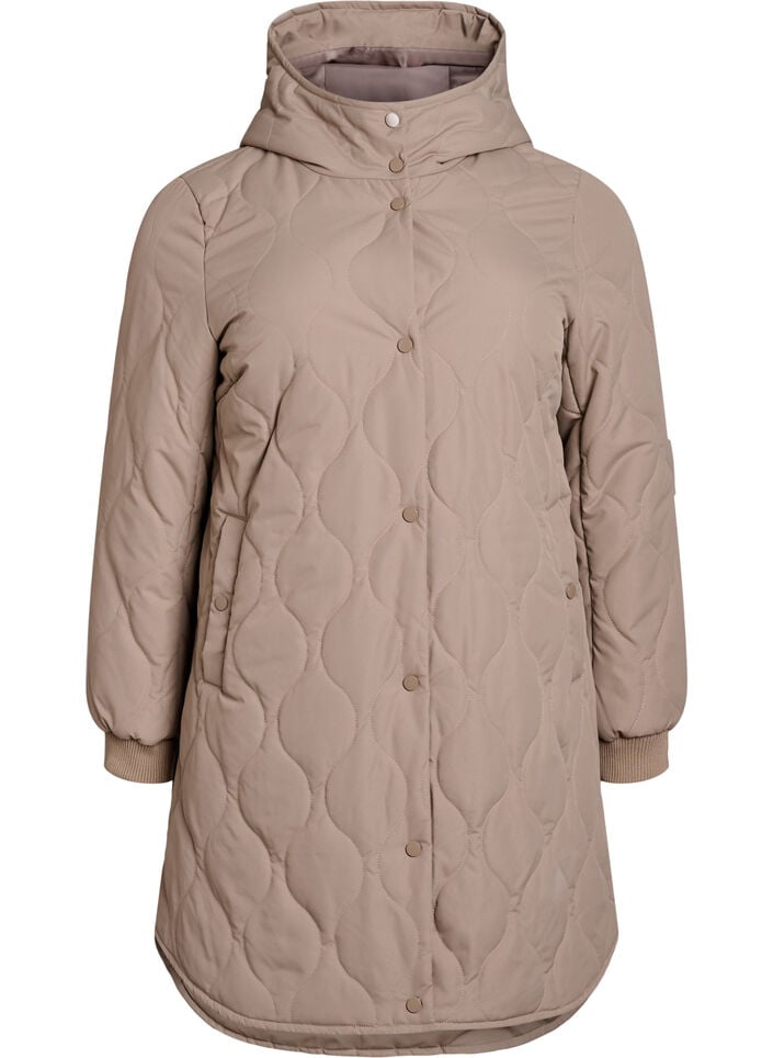 Mid-length quilted jacket with a hood, Brown, Packshot