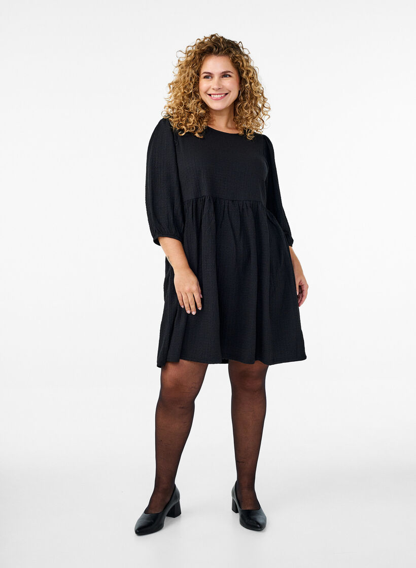 FLASH - Short dress with texture and 3/4 sleeves, Black, Model image number 2