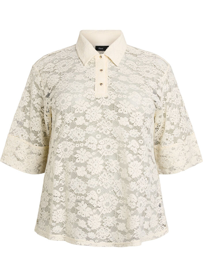 Lace blouse with collar and 1/2 sleeves, Vanilla, Packshot image number 0