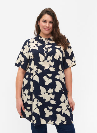 FLASH - Floral tunic with short sleeves, Blue White Flower, Model image number 0