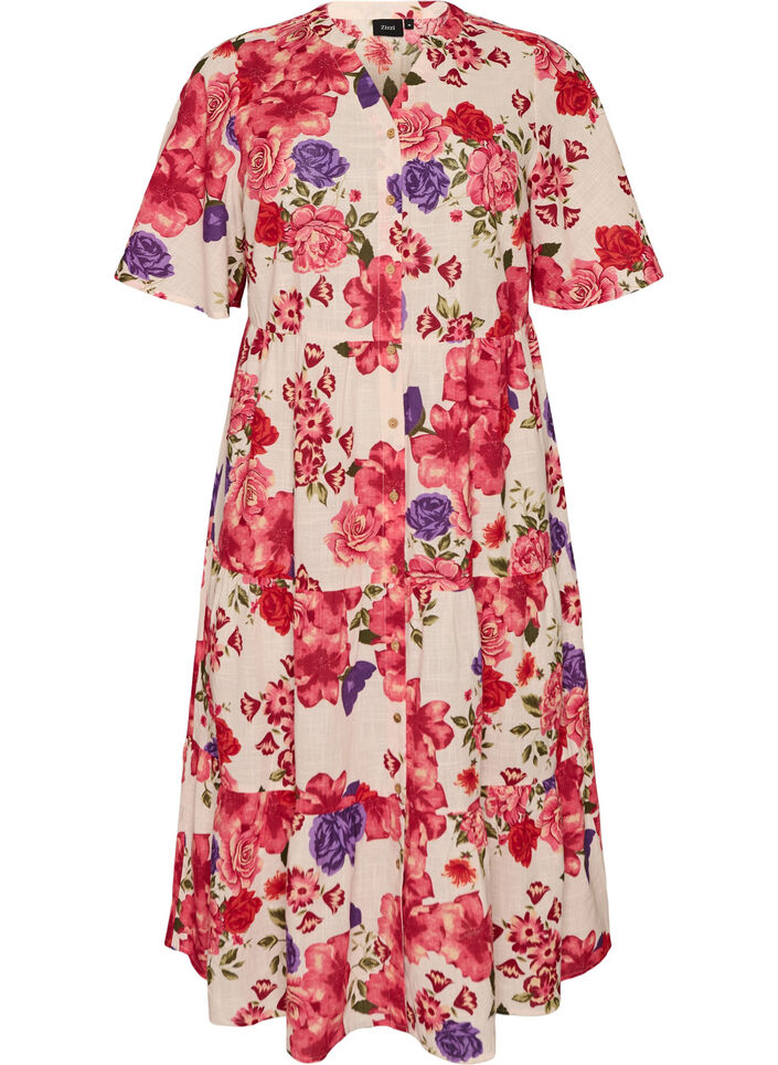 Cotton midi dress with floral print, Red, Packshot image number 0