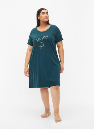 Short-sleeved nightgown in organic cotton, Deep Teal Lets, Model image number 2